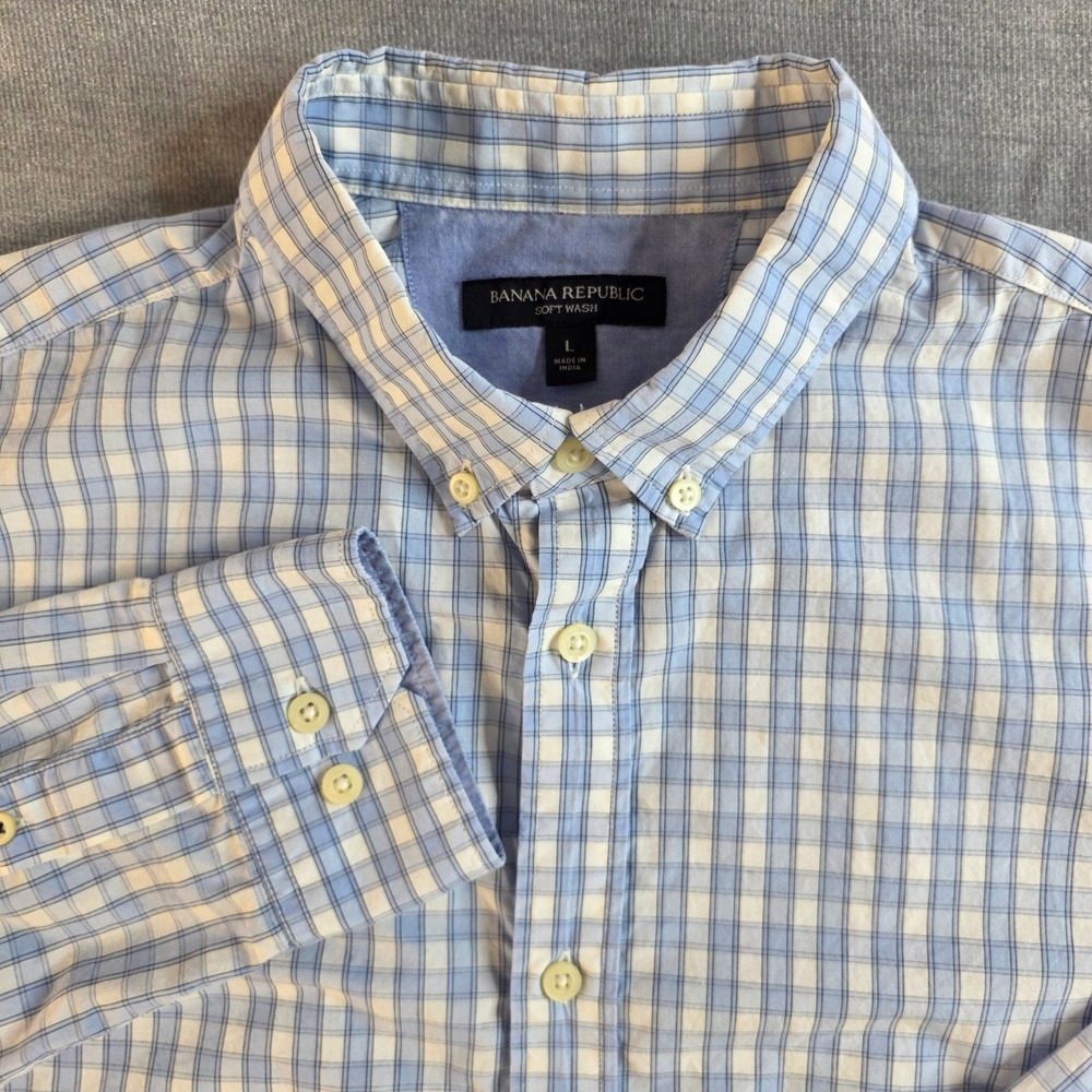 Banana Republic Men's L Blue Plaid Shirt Quiet Luxury Coastal Soft Wash Button